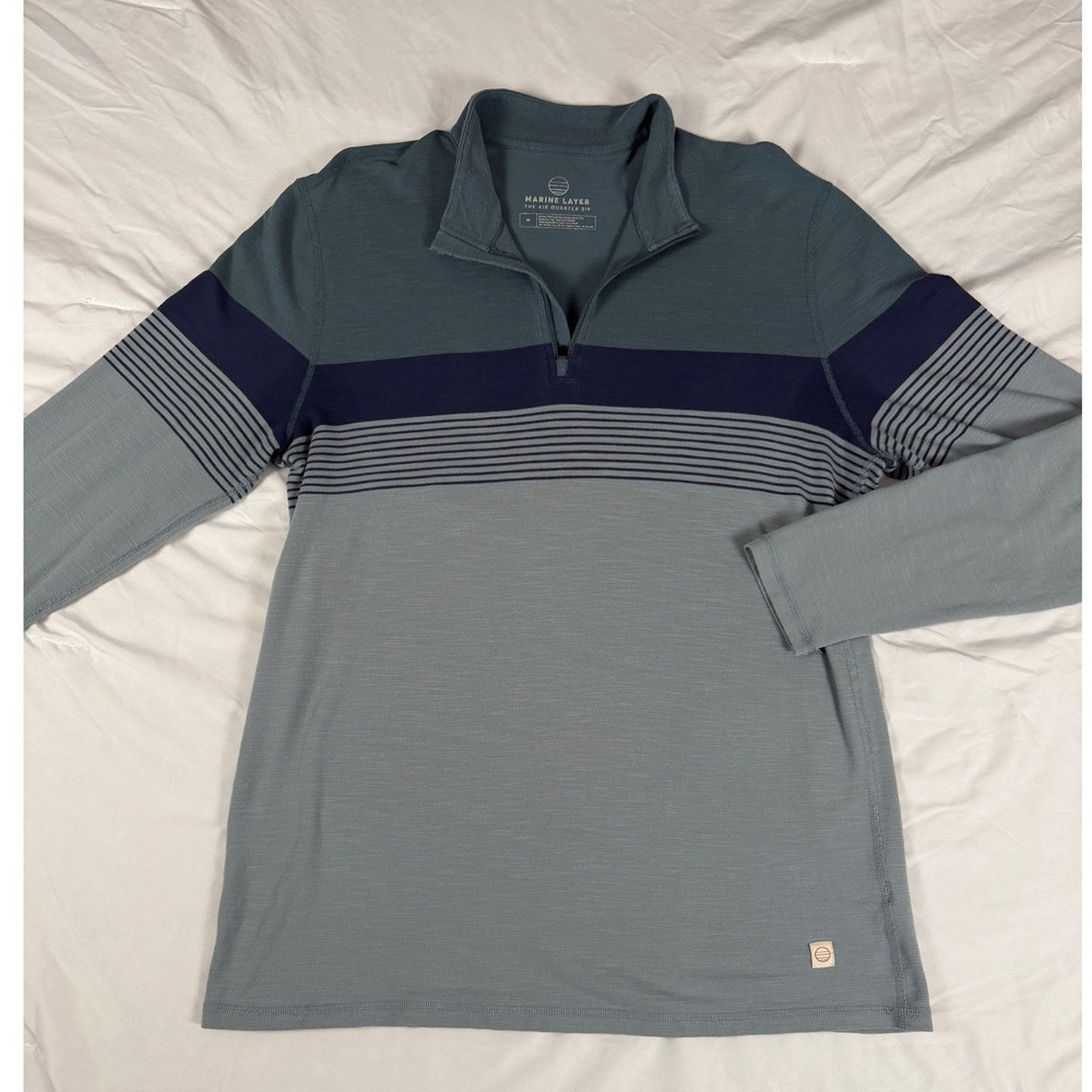 Marine Layer The Air 1/4 Zip Pullover Mens M Blue Striped Sustainable Beach Golf